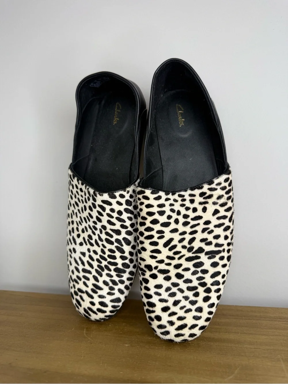 Clarks Pure Tone shoes in a black and white snow leopard print